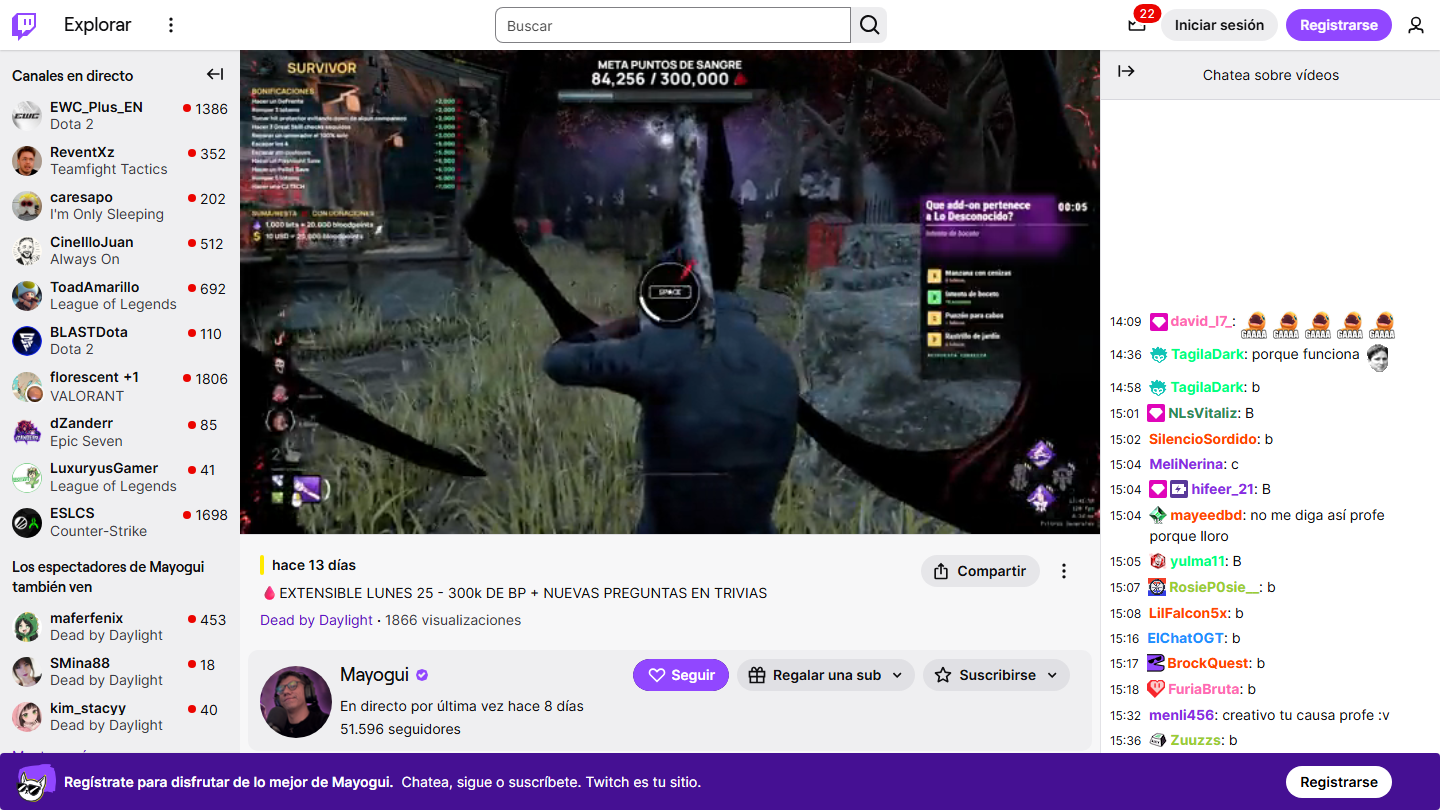 Mayogui stream showing BloodpointGoal and Trivia DBD overlays